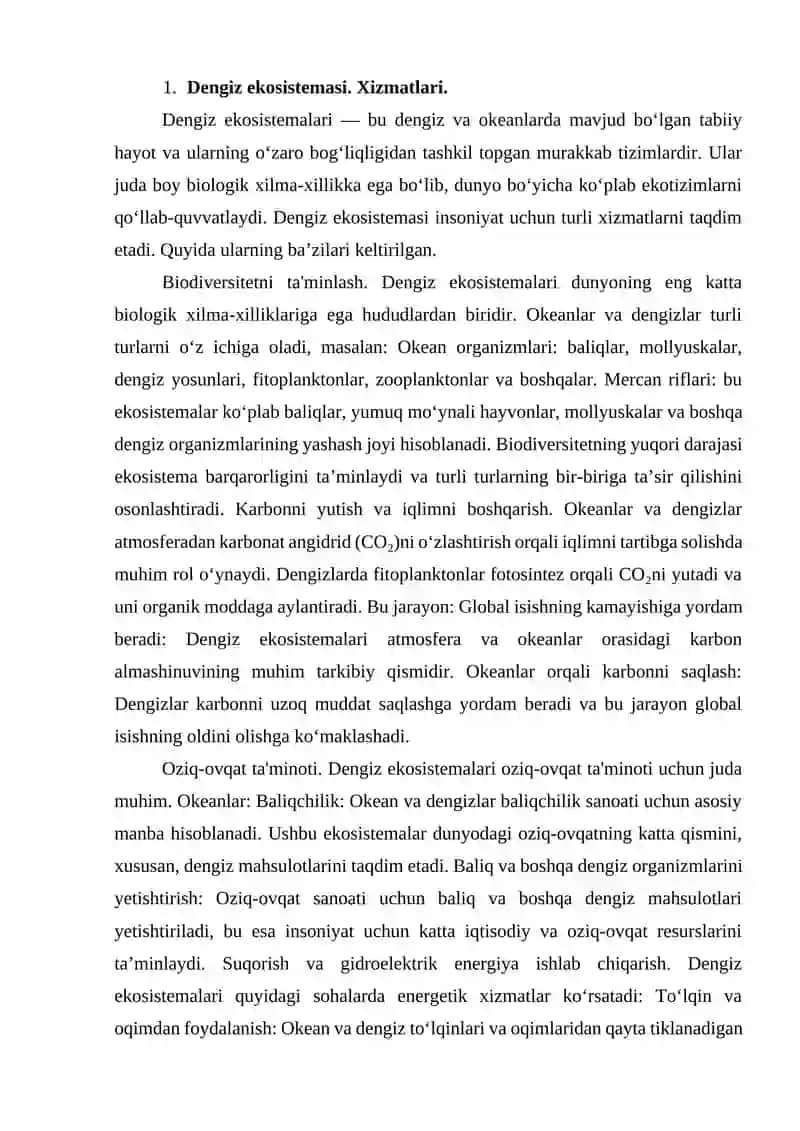 Dengiz ekosistemasi. Xizmatlari. 2