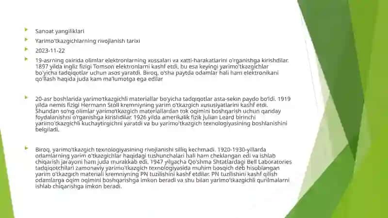 Yarimo'tkazgichlarning rivojlanish tarixi 2
