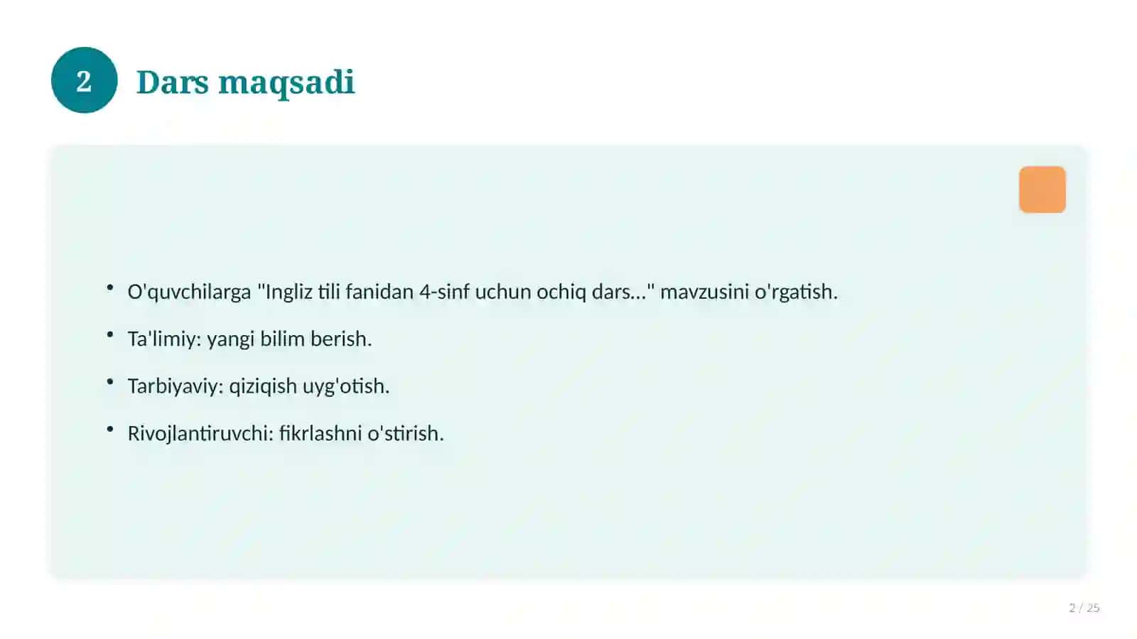 Ingliz tili fanidan 4-sinf uchun ochiq dars ishlanmasi 2