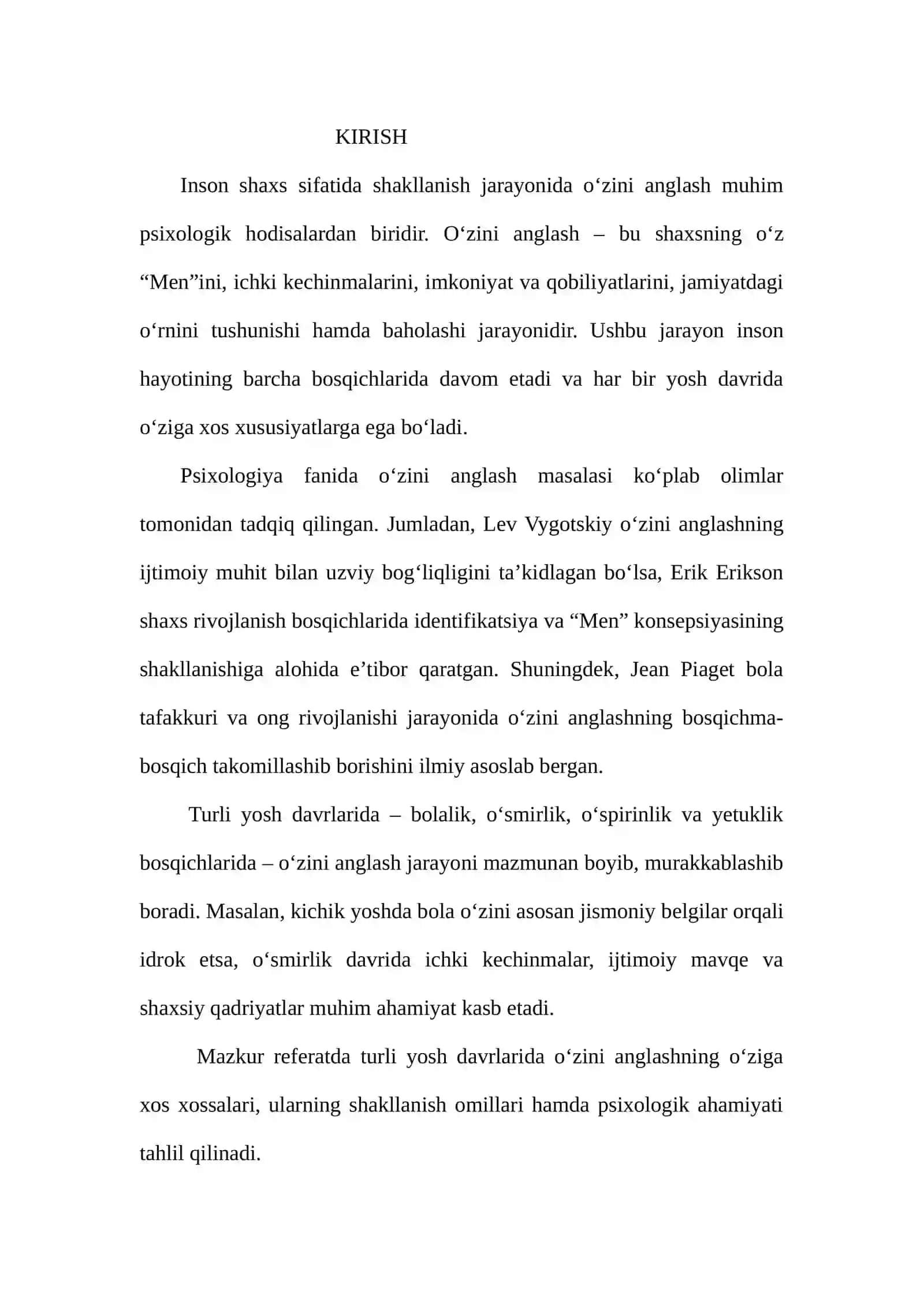 Turli yosh davrlarda o`zini anglashning xossalari 2