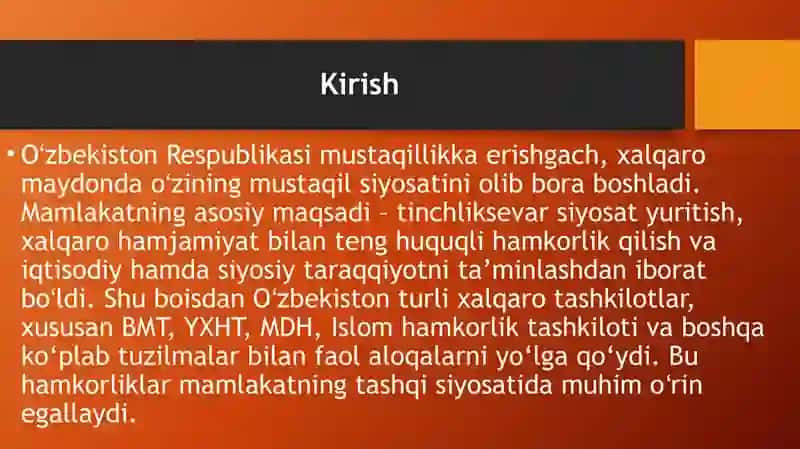 Oʻzbekistonning xalqaro tashkilotlar bilan hamkorlik aloqalari 2
