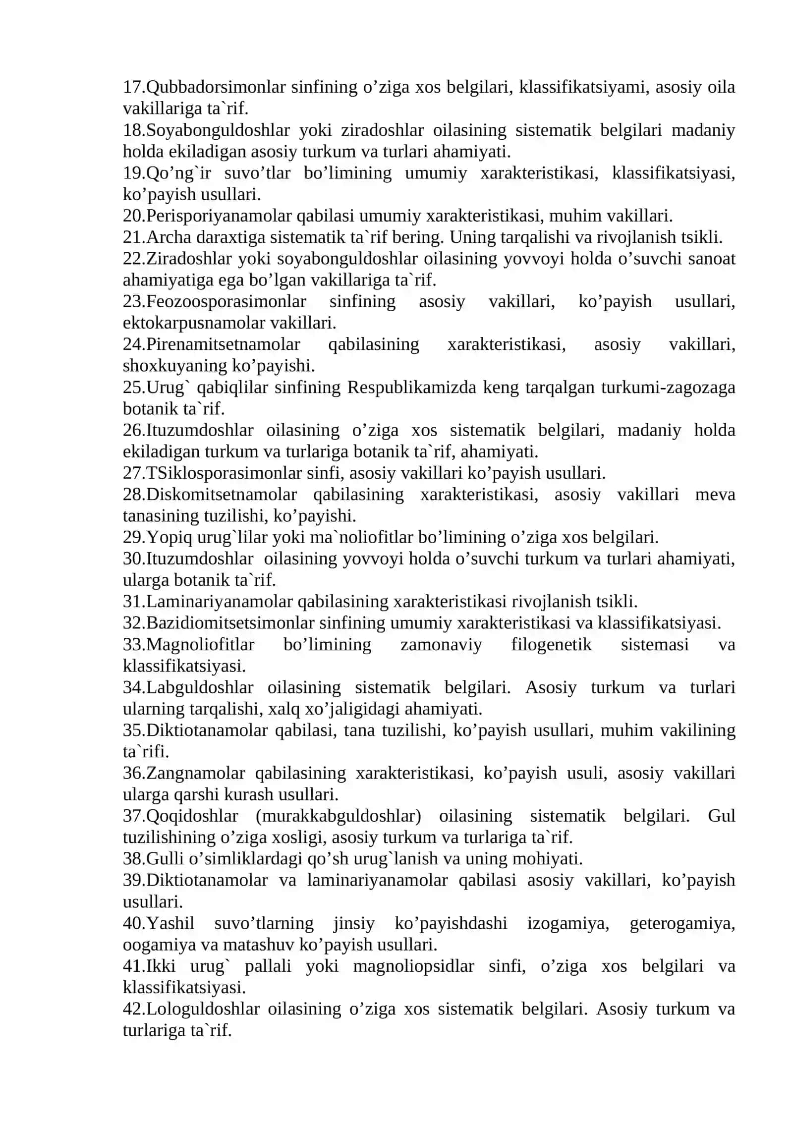 Botanika fanidan savollar majmuasi 2