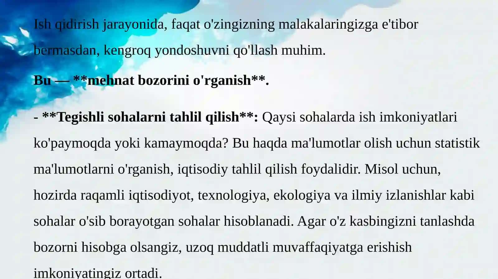 Mehnat bozoriga kirib borish 2