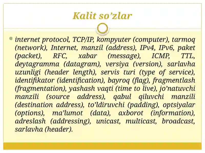 ITarmoq pog‘onasi ta’rifi. Tarmoqlararo bog‘lanish.  IP protokoli ta’rifi Pv4 va IPv6 Protokollari 2