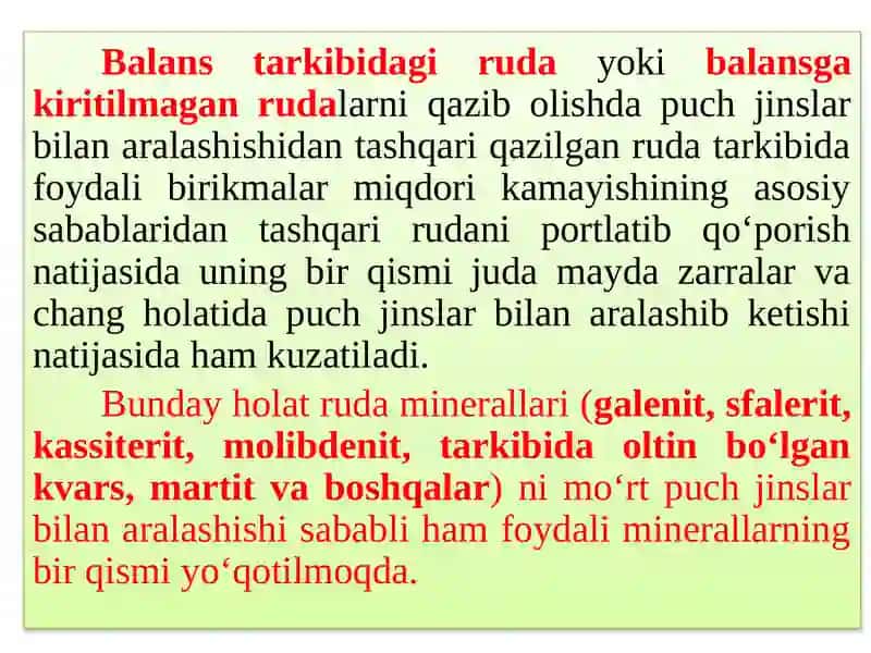 Rudani qazib olishda sifat yo‘qotilishinianiqlash 2