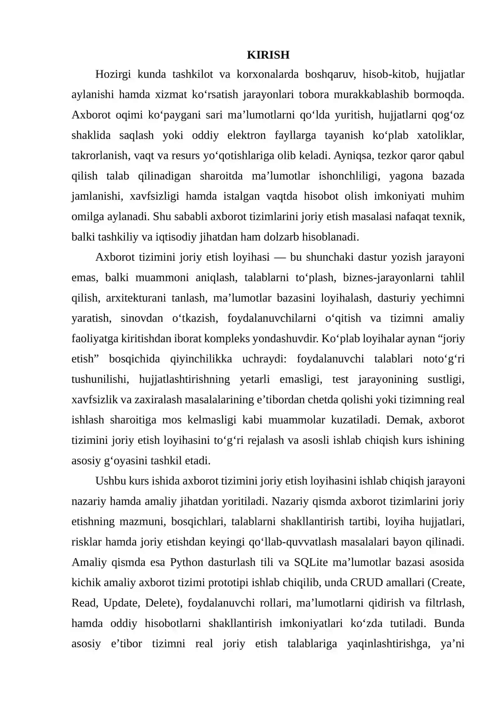 AXBOROT TIZIMLARINI JORIY ETISH LOYIHASI 2