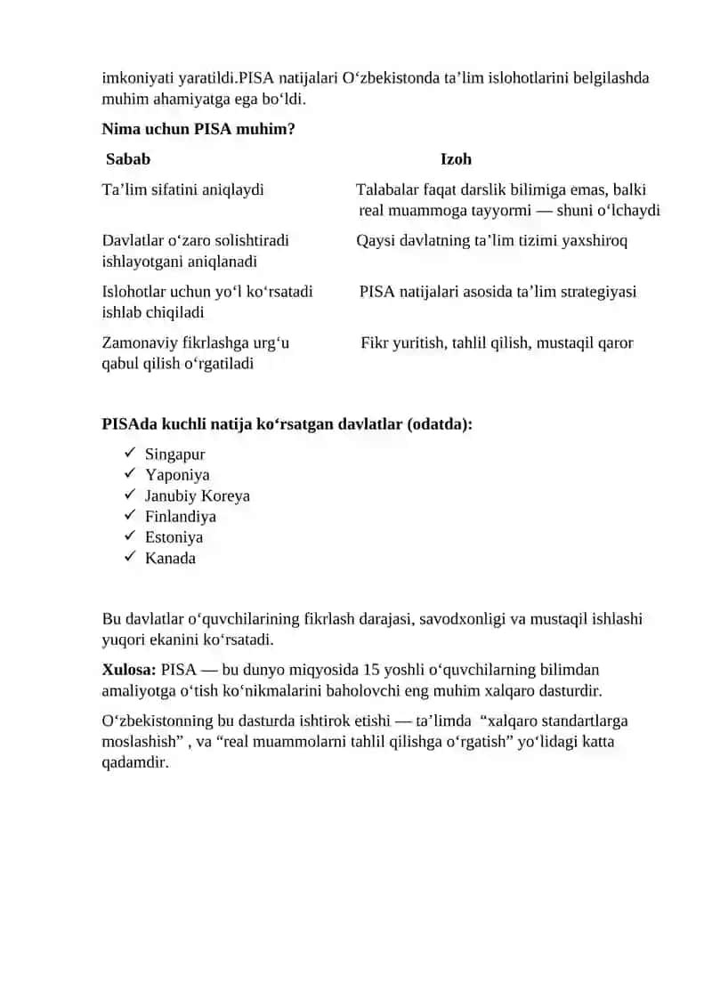 PISA – Xalqaro o‘quvchilarning bilim va ko‘nikmalarini baholash dasturi 2