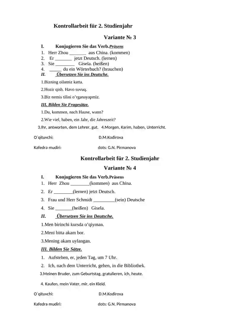 Kontrollarbeit für 2. Studienjahr 2