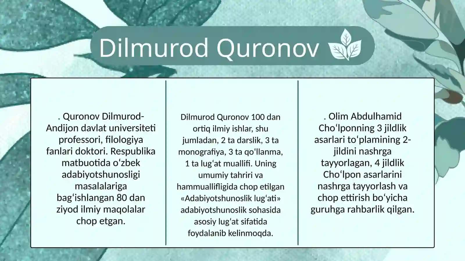 Dilmurod Quronovning"Cho'lpon nasri poetikasi" 2
