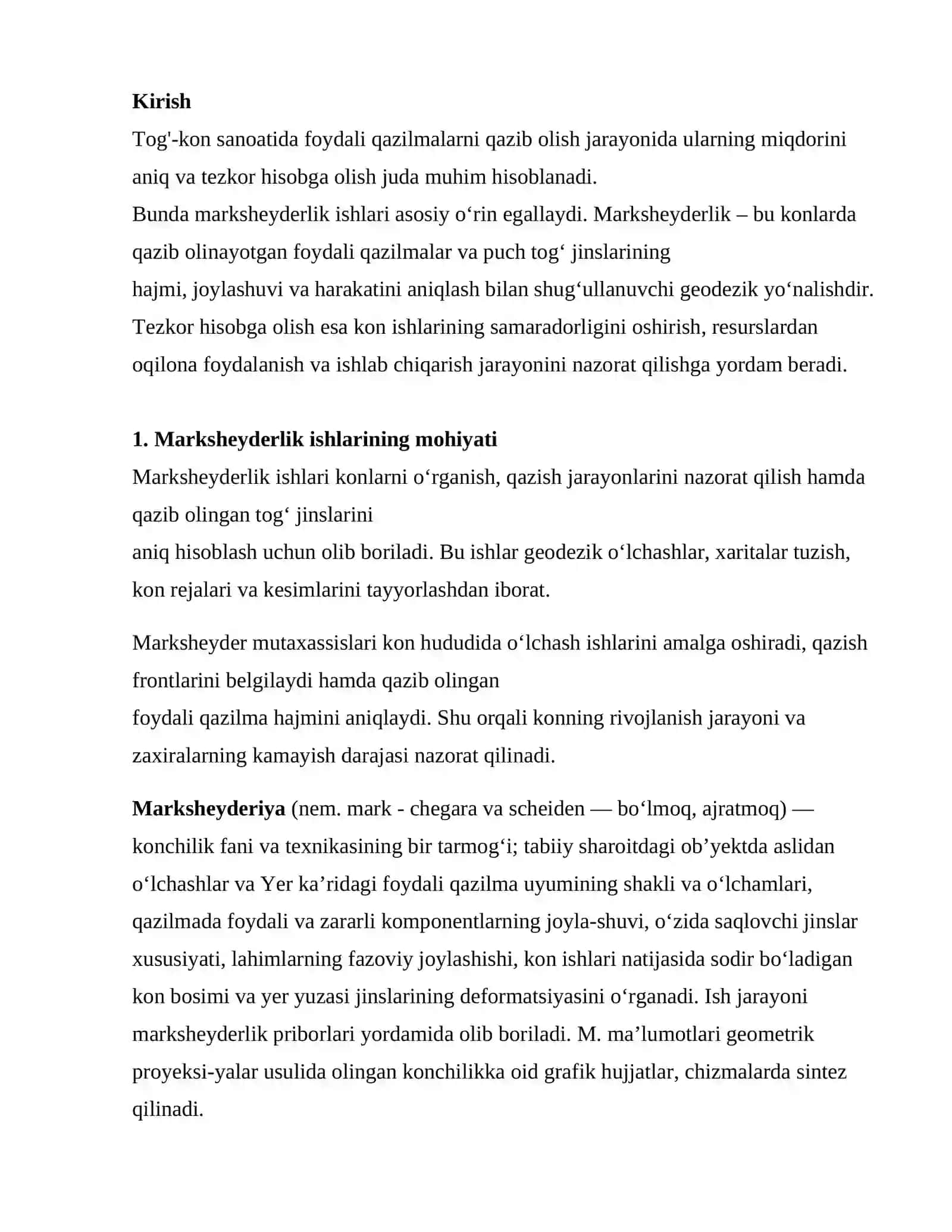 Foydali qazilma va puch tog' jinslarini tezkorlikda hisobga olishda marksheyderlik ishlari 2