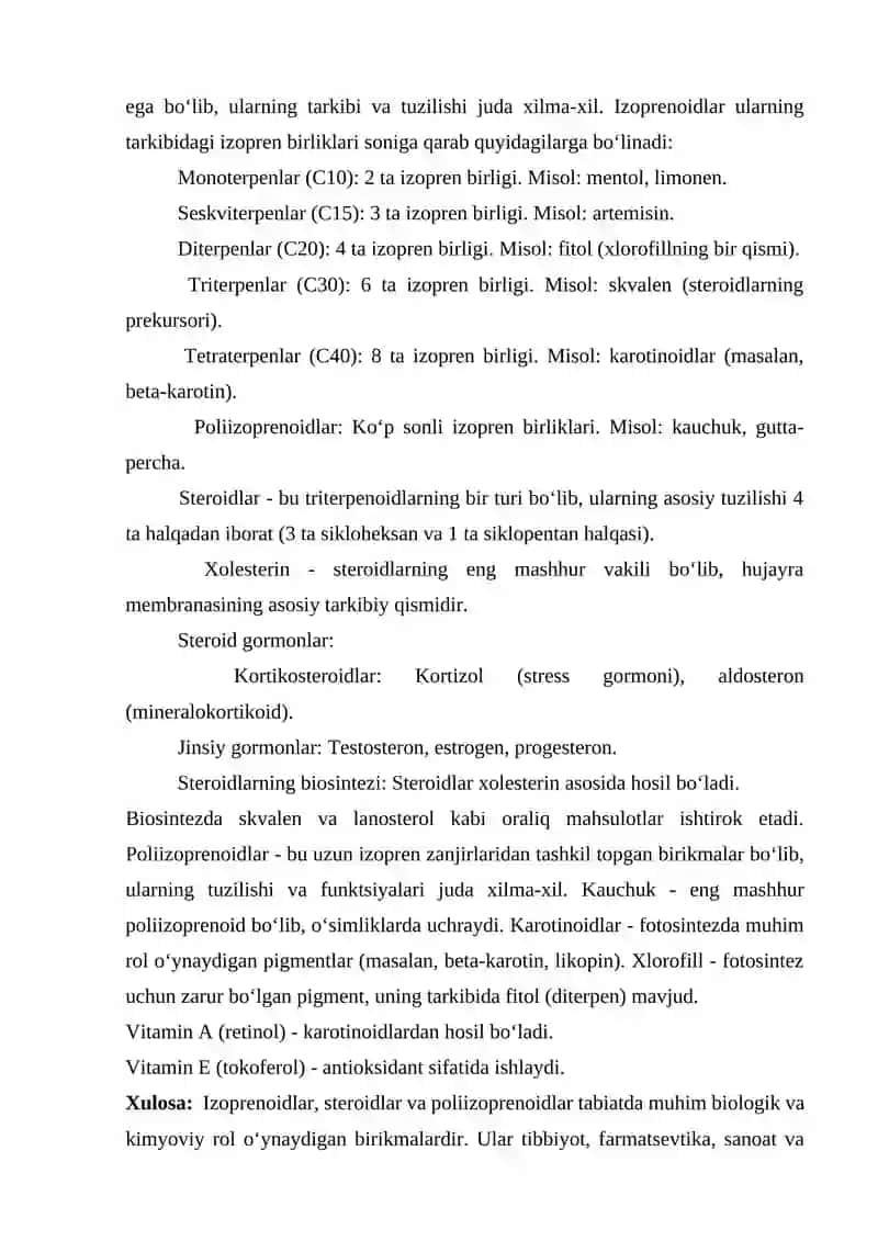 STEROID, IZOPRENOID VA POLIIZOPRENOIDLAR 2