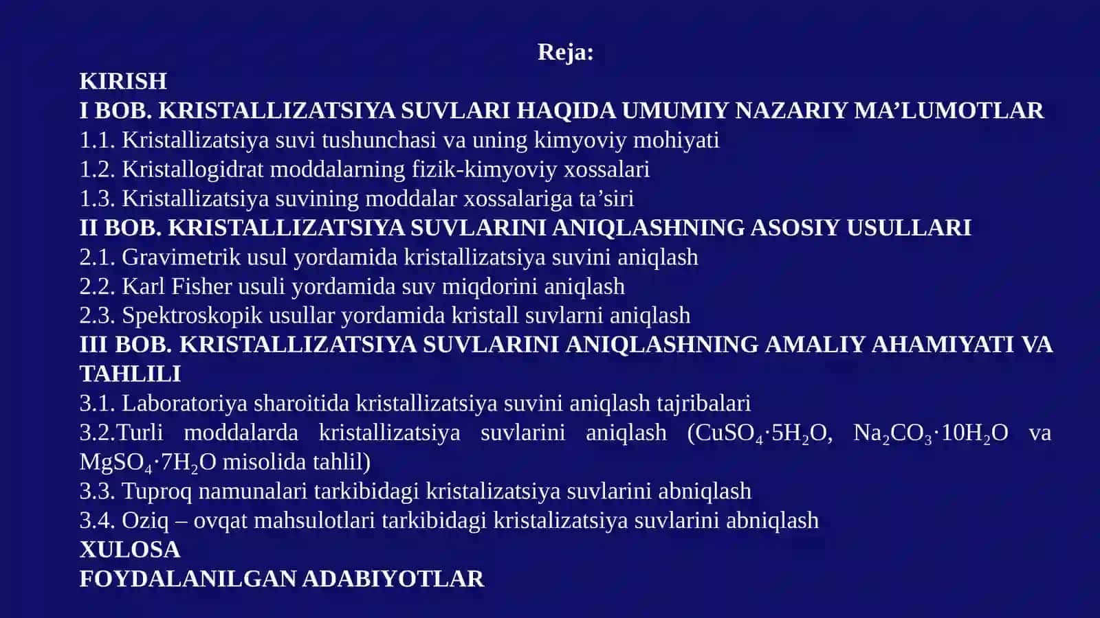Moddalar tarkibidagi kristalizatsiya suvlarini topish usullari 2