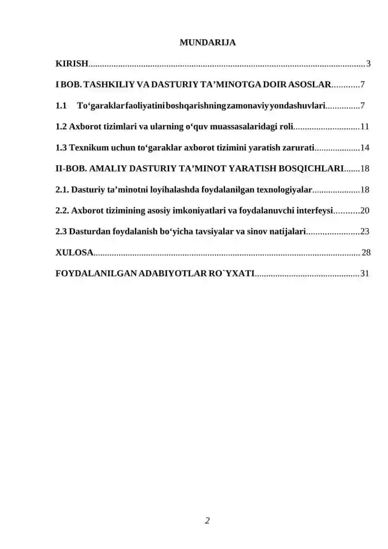 OQ -OLTIN AXBOROT TEXNOLOGIYALARI TEXNIKUMIDA TOʻGARAKLAR AXBOROT TIZIMINING DASTURIY TAʼMINOTINI ISHLAB CHIQISH 2