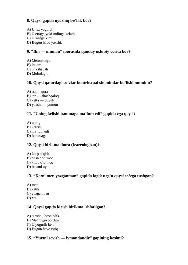 11-sinf Ona tili — Oraliq nazorat (20 ta test) 2