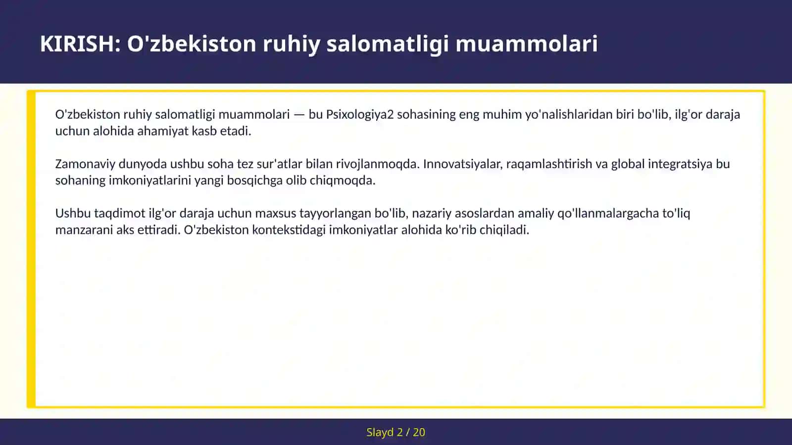 O'ZBEKISTON RUHIY SALOMATLIGI MUAMMOLARI 2