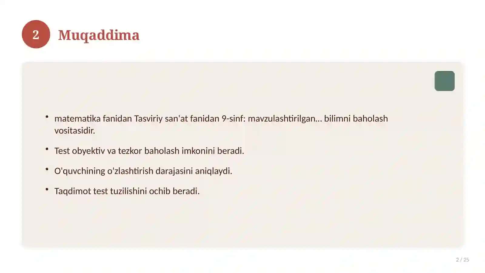 Tasviriy san'at fanidan 9-sinf: mavzulashtirilgan nazorat ishi va tahlil 2