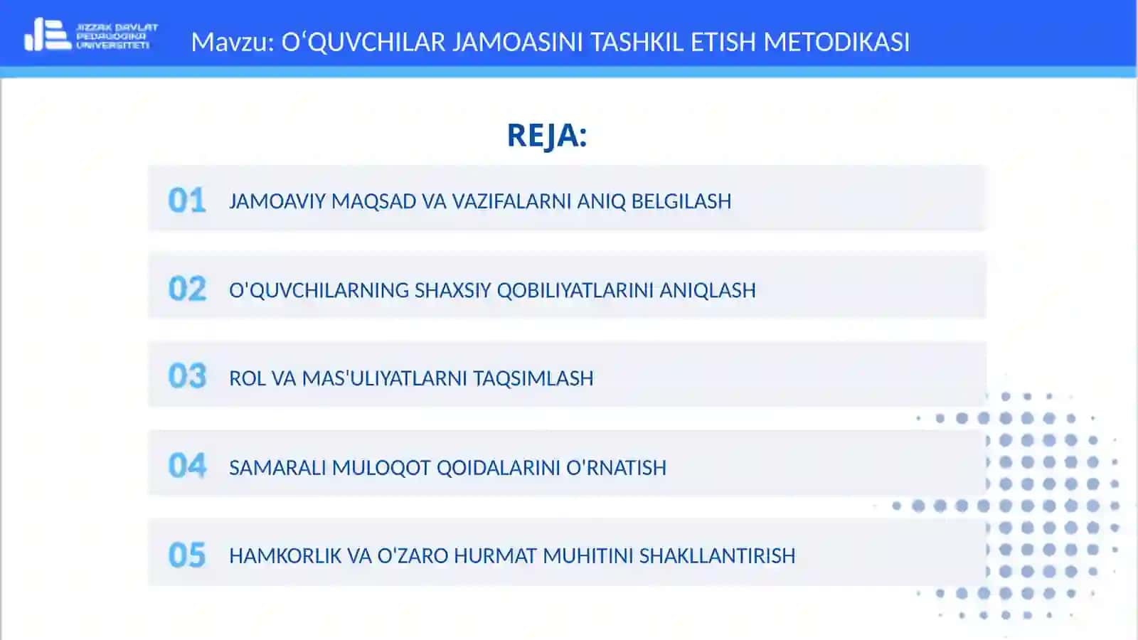 OʻQUVCHILAR JAMOASINI TASHKIL ETISH METODIKASI 2