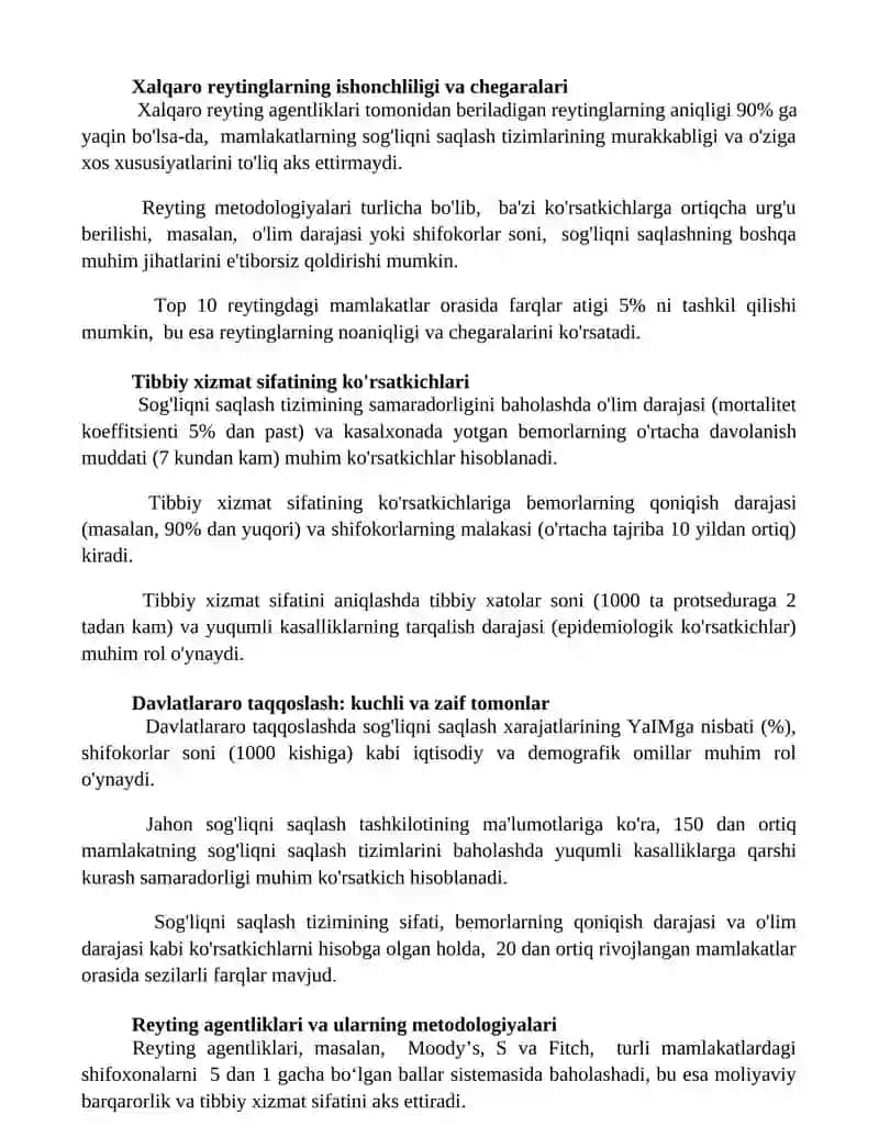 Tibbiy sohadagi xalqaro reytinglar 2