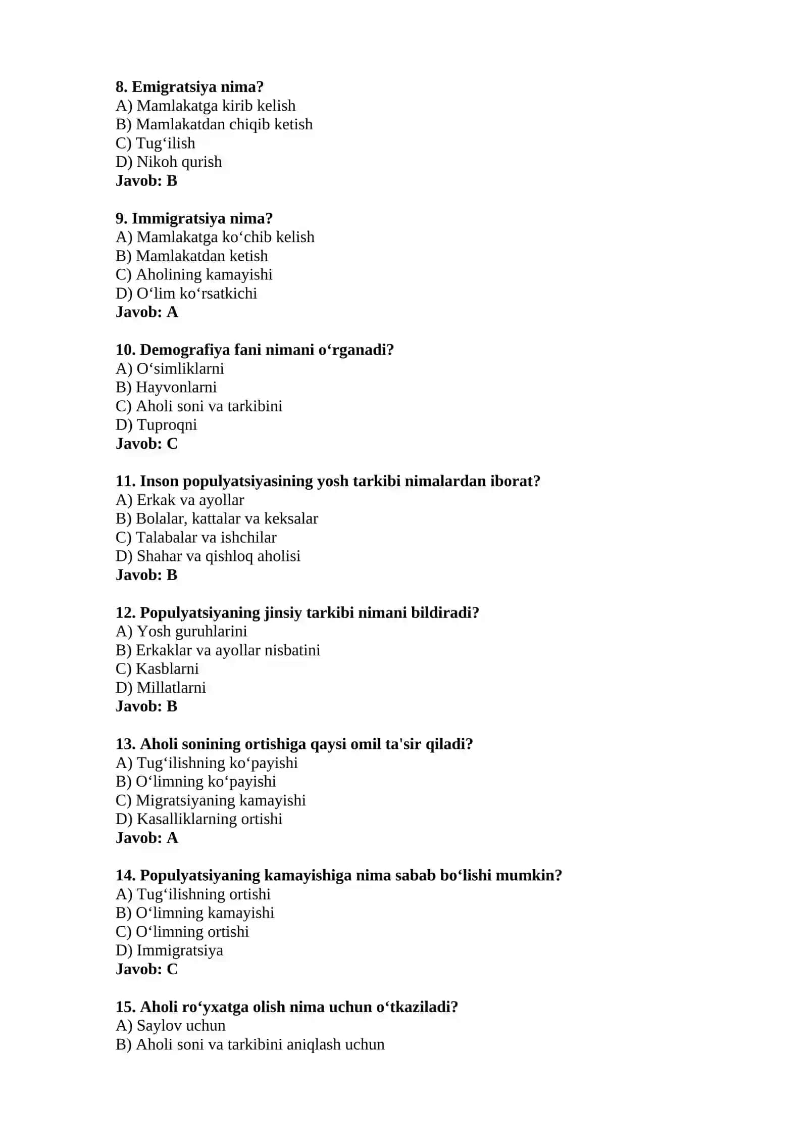 Inson populyatsiyasi mavzusi bo‘yicha 20 ta test 2