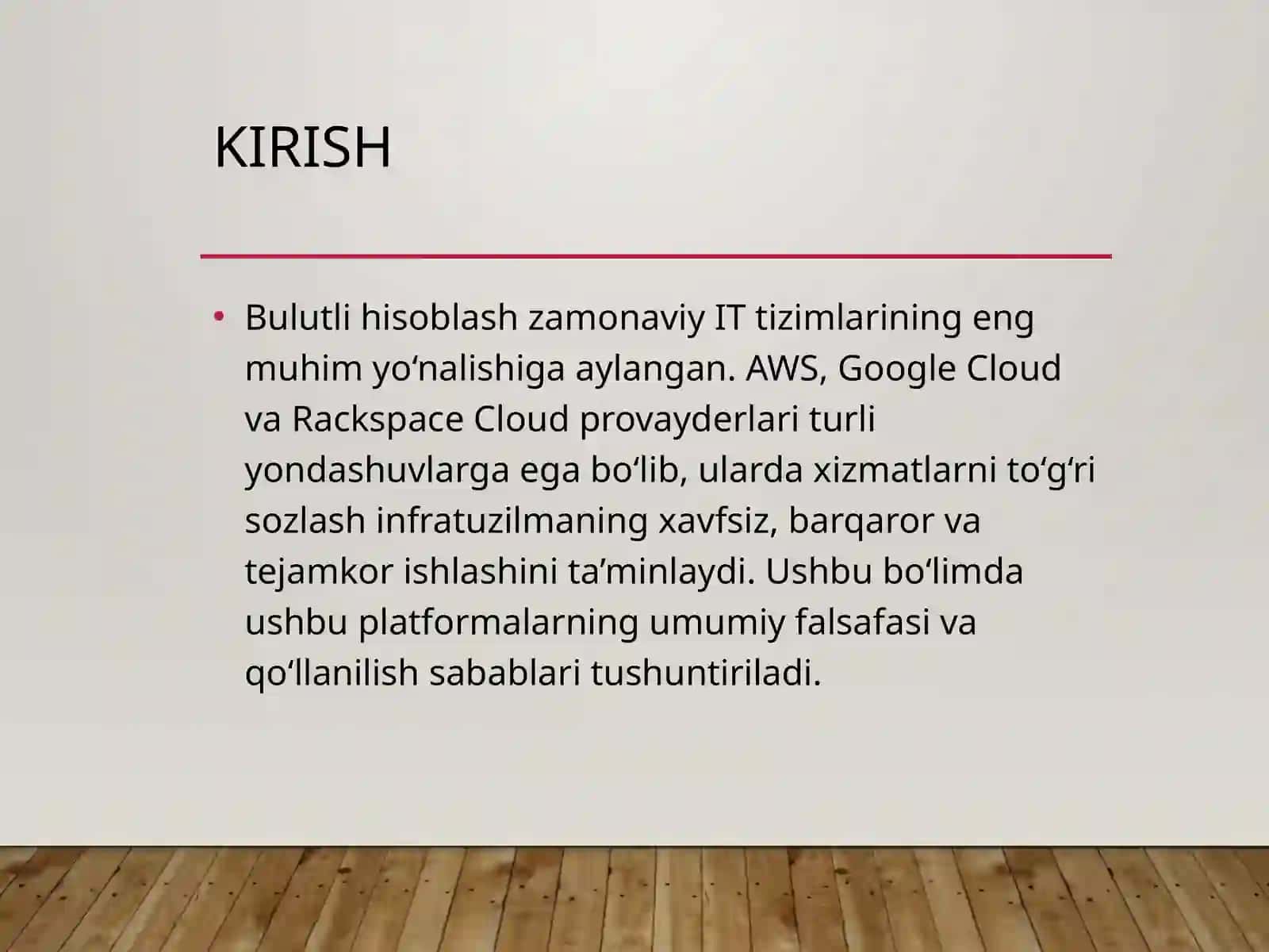 Bulutli hisoblashdan Google Cloud, Amazon Web Services va Rackspace Cloud tizimi infratuzilmasida xizmatlarni sozlash 2
