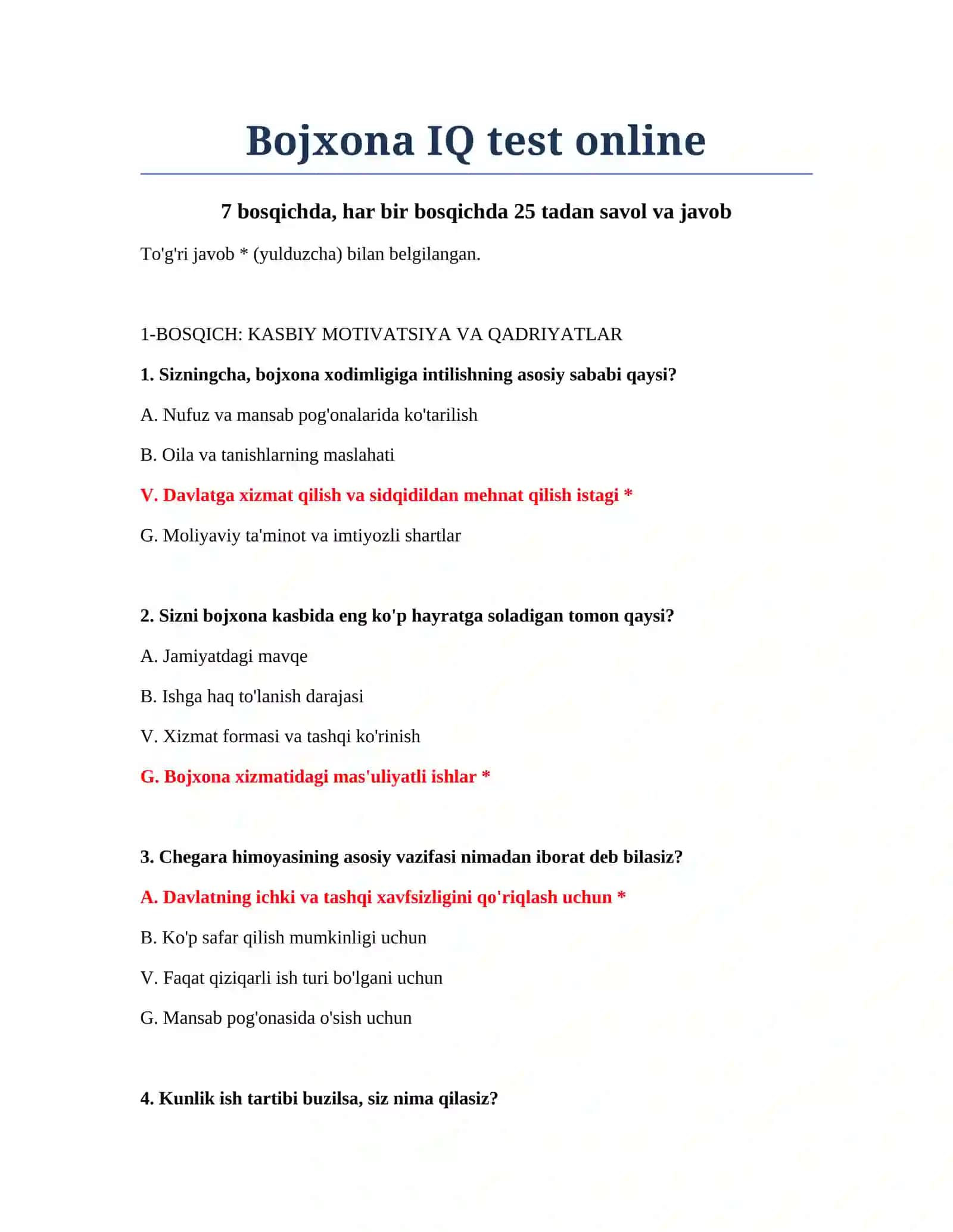 Bojxona IQ test online 2