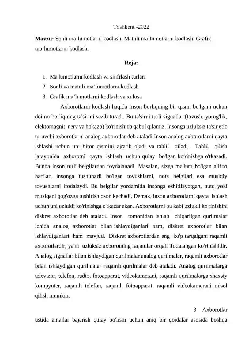 Mavzu: Sonli ma’lumotlarni kodlash. Matnli ma’lumotlarni kodlash. Grafik ma’lumotlarni kodlash. 2
