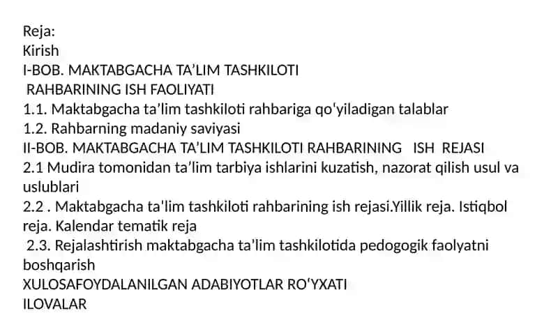 Maktabgacha ta'lim tashkiloti rahbarining ish rejasi 2