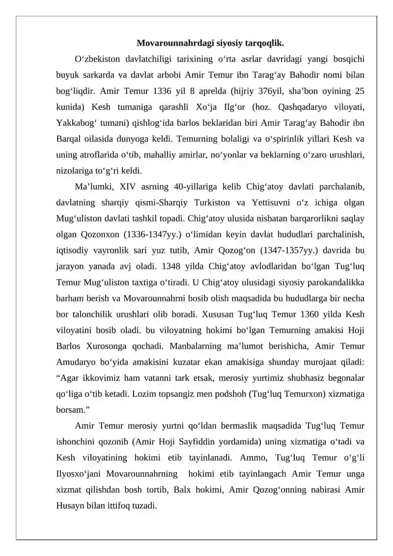 O‘zbekiston davlatchiligining Amir Temur va Temuriylar davri bosqichi 2