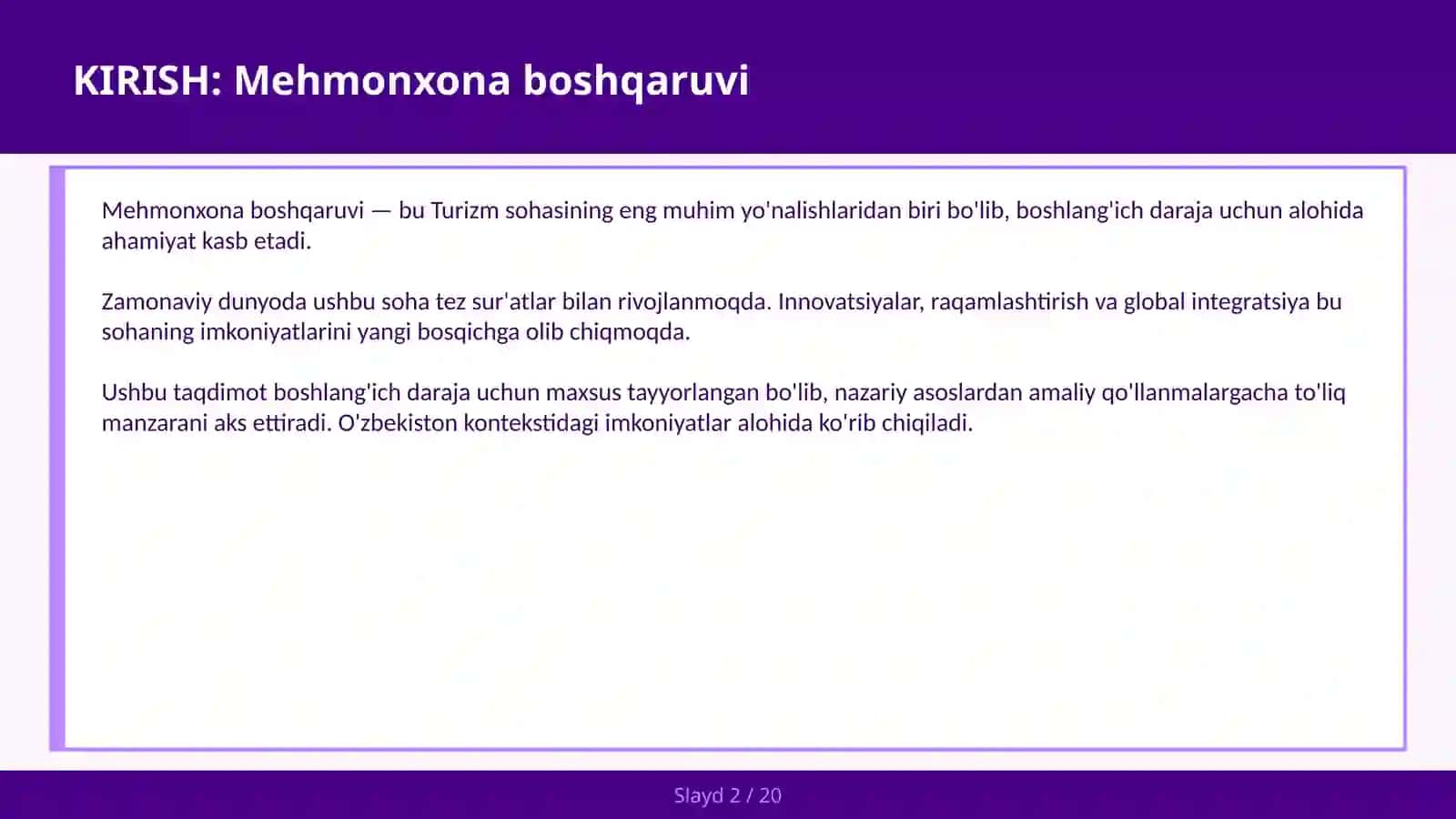 Mehmonxona boshqaruvi 2