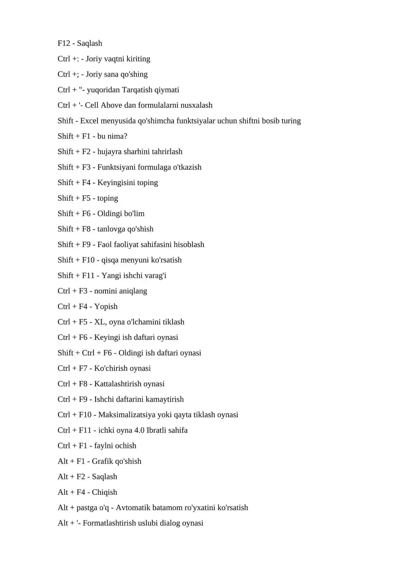 Excel klaviatura yorqichlari 2