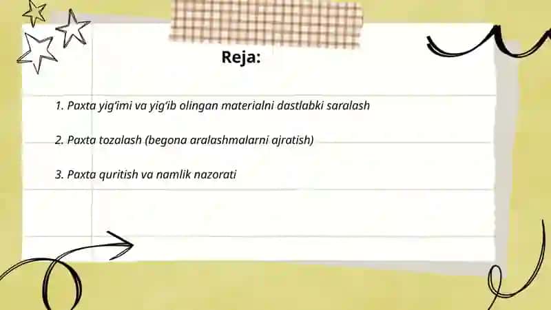 Paxta maxsulotlariga dastlabki ishlov berish 2