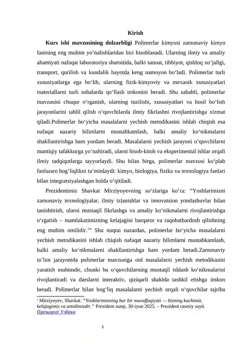 Polimerlar mavzusiga oid masalalar yechish metodikasi” 2