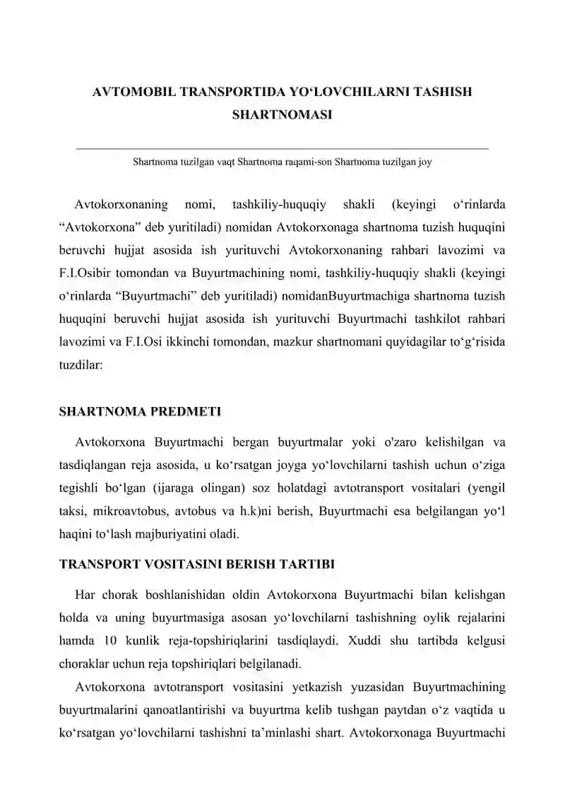 AVTOMOBIL TRANSPORTIDA YO‘LOVCHILARNI TASHISH SHARTNOMASI 2