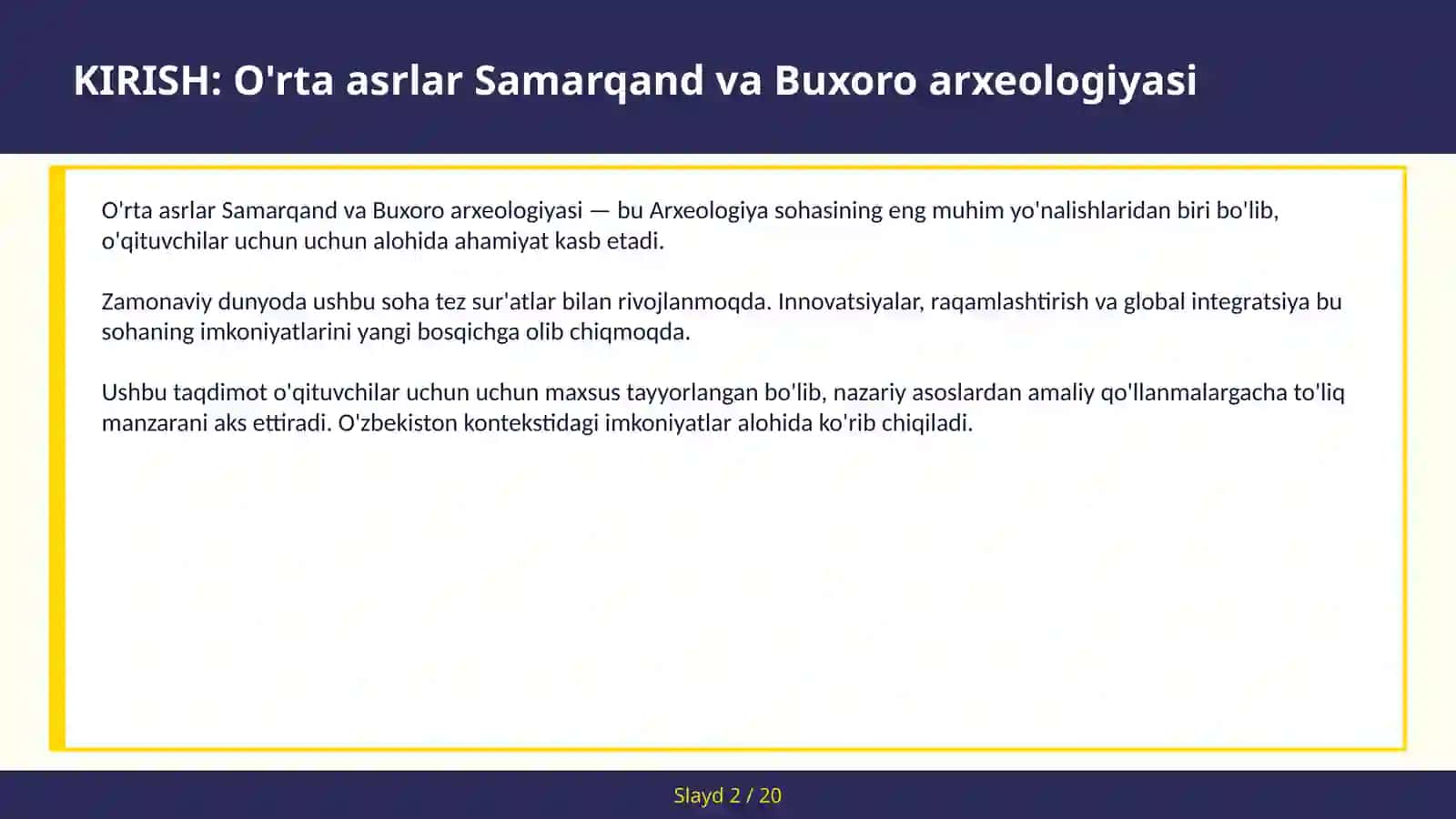 O'RTA ASRLAR SAMARQAND VA BUXORO ARXEOLOGIYASI 2