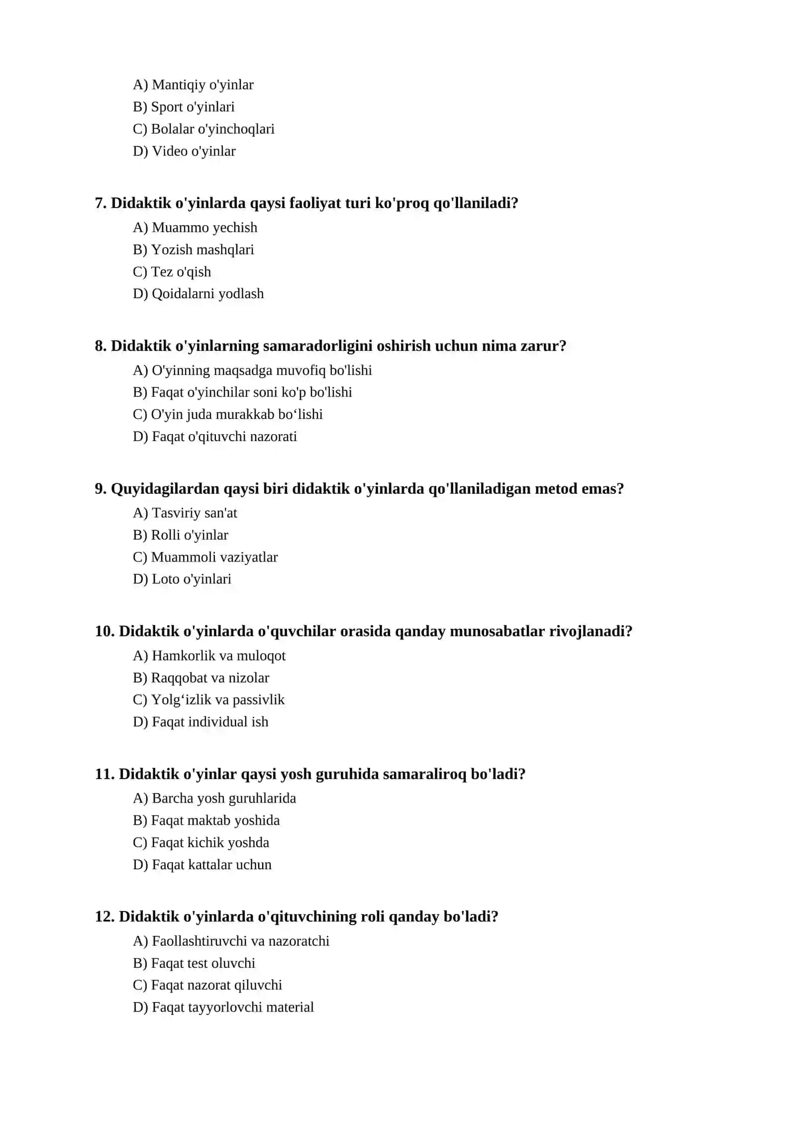 Didaktik o'yin turlari bo'yicha test 2