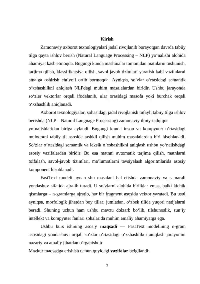 Fasttext yondashuvida n-gram asosida so'zlar o'rtasidagi o'xshashlikni aniqlash 2