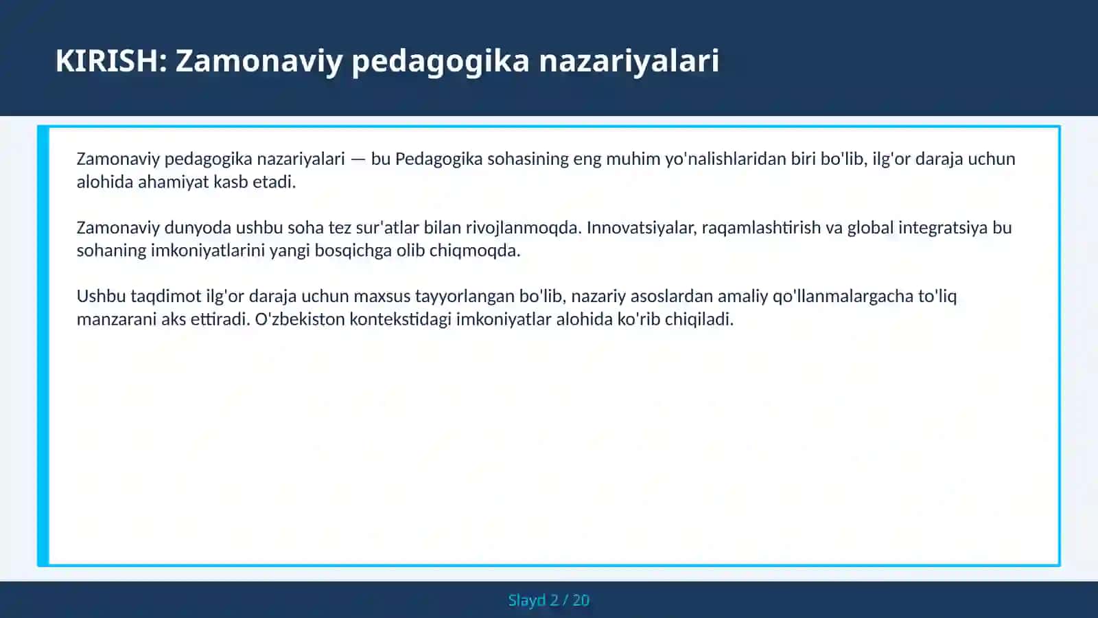 ZAMONAVIY PEDAGOGIKA NAZARIYALARI 2