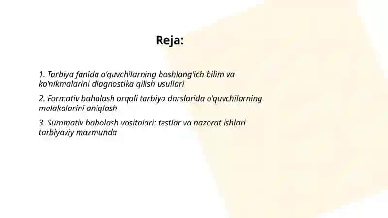 Tarbiya fani o'qitishda o'quvchilarning bilim ko'nikma va malakalarini tashxis etish 2