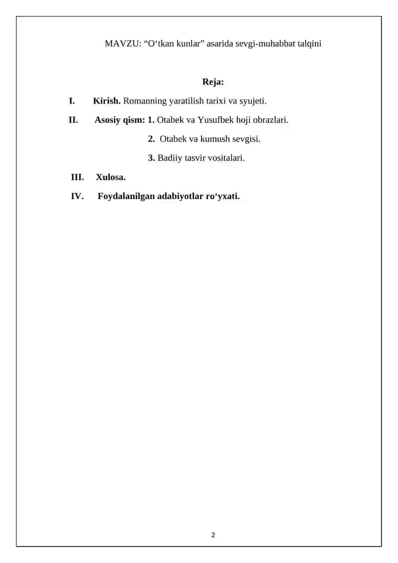 O'tkan kunlar romani asosida kurs ishi 2