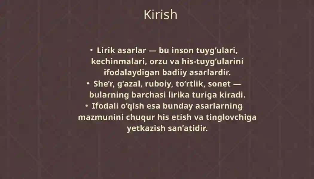 LIRIK ASARLARNI IFODALI OʻQISH 2