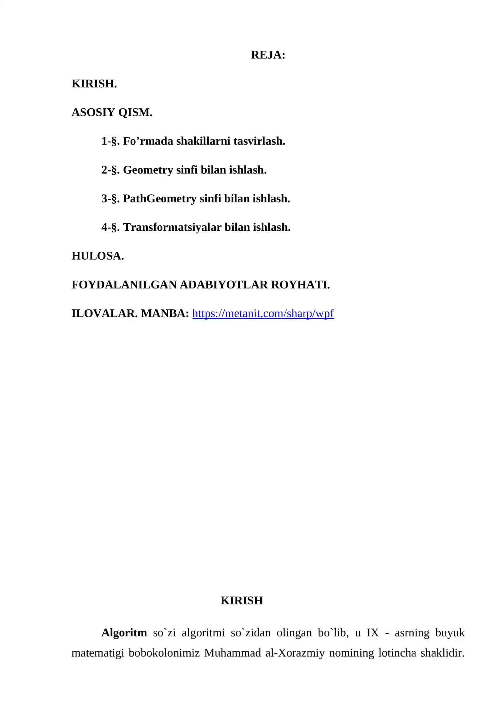 KURS ISHI "WPF da grafika bilan ishlash" 2