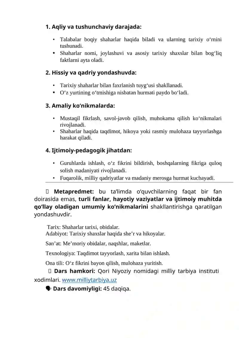 "Boqiy shaharlarimiz" darsi 2
