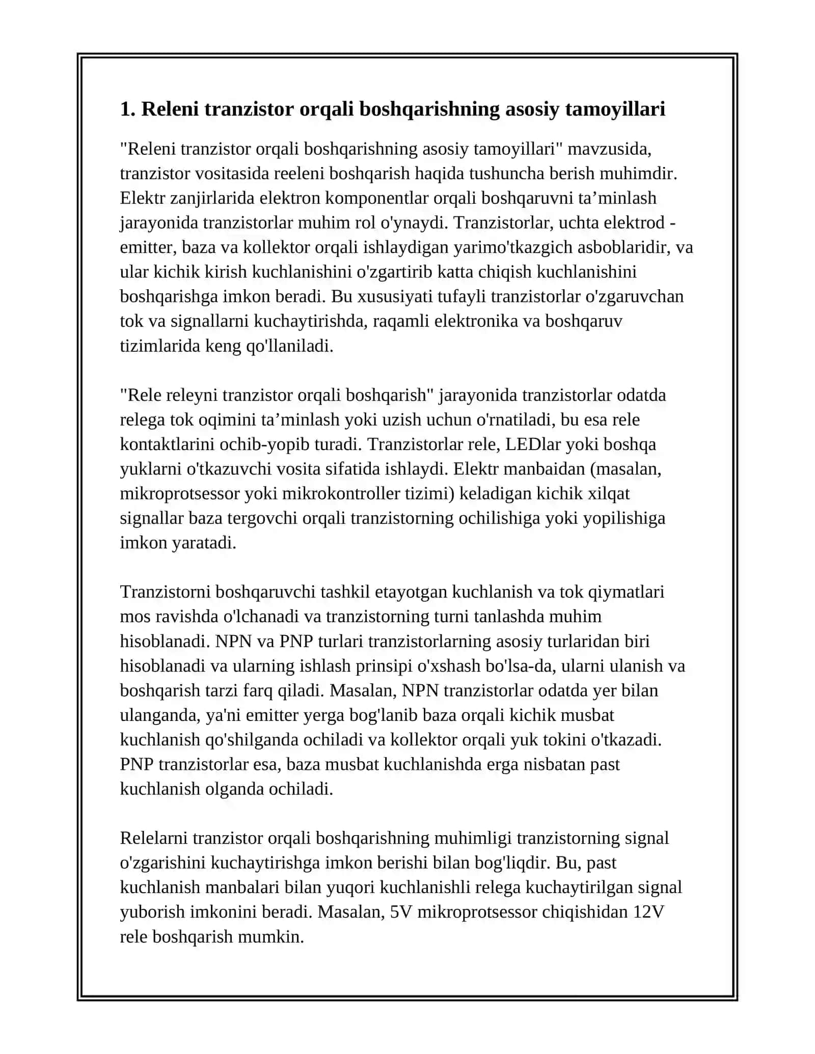 RELE RELENI TRANZISTOR ORQALI BOSHQARISH 2