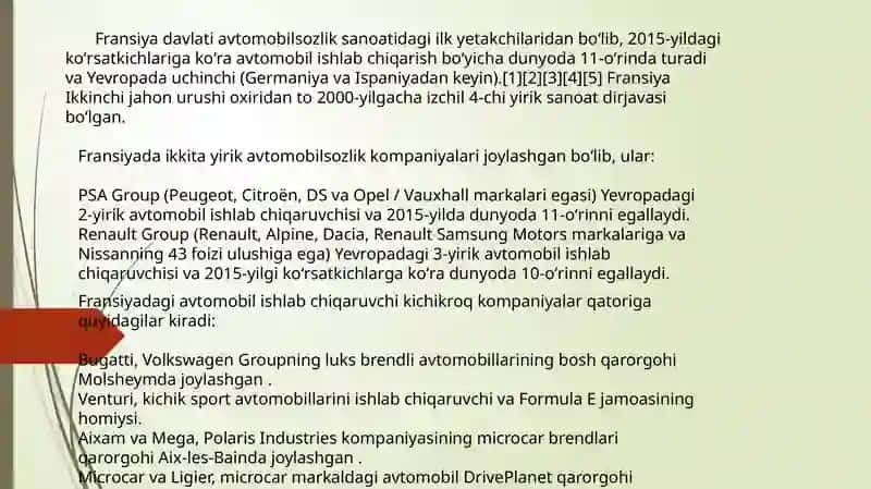 Fransiya avtomobil sanoati Uchun tayyorlagan slayd 2