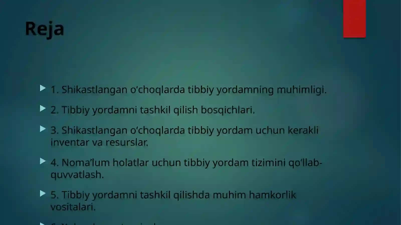 Shikastlangan oʻchoqlarda tibbiy yordamni tashkil qilish 2