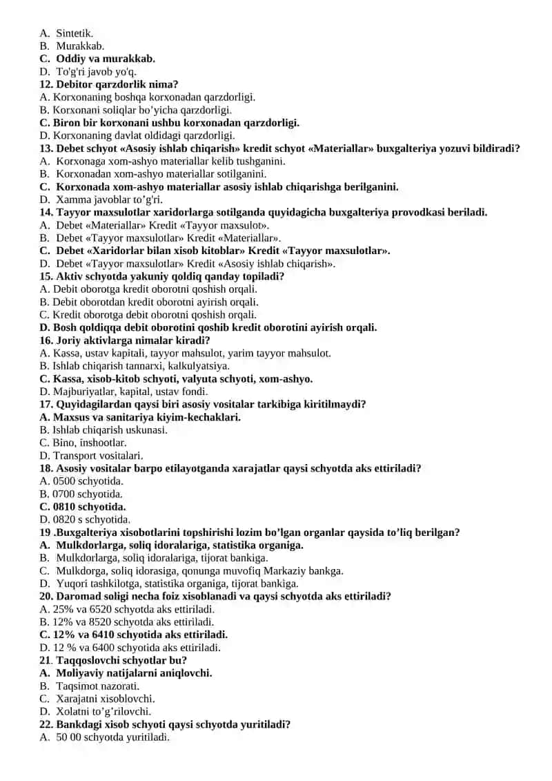 BUXGALTERIYA BO’YICHA TESTLAR 2