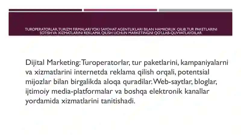 Turoperatorlarning turizm firmasida marketing xizmatini amalga oshirishi 2