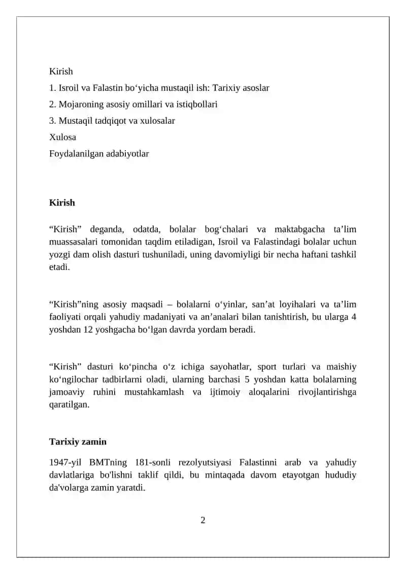 Isroil va Falastin boʻyicha mustaqil ish 2