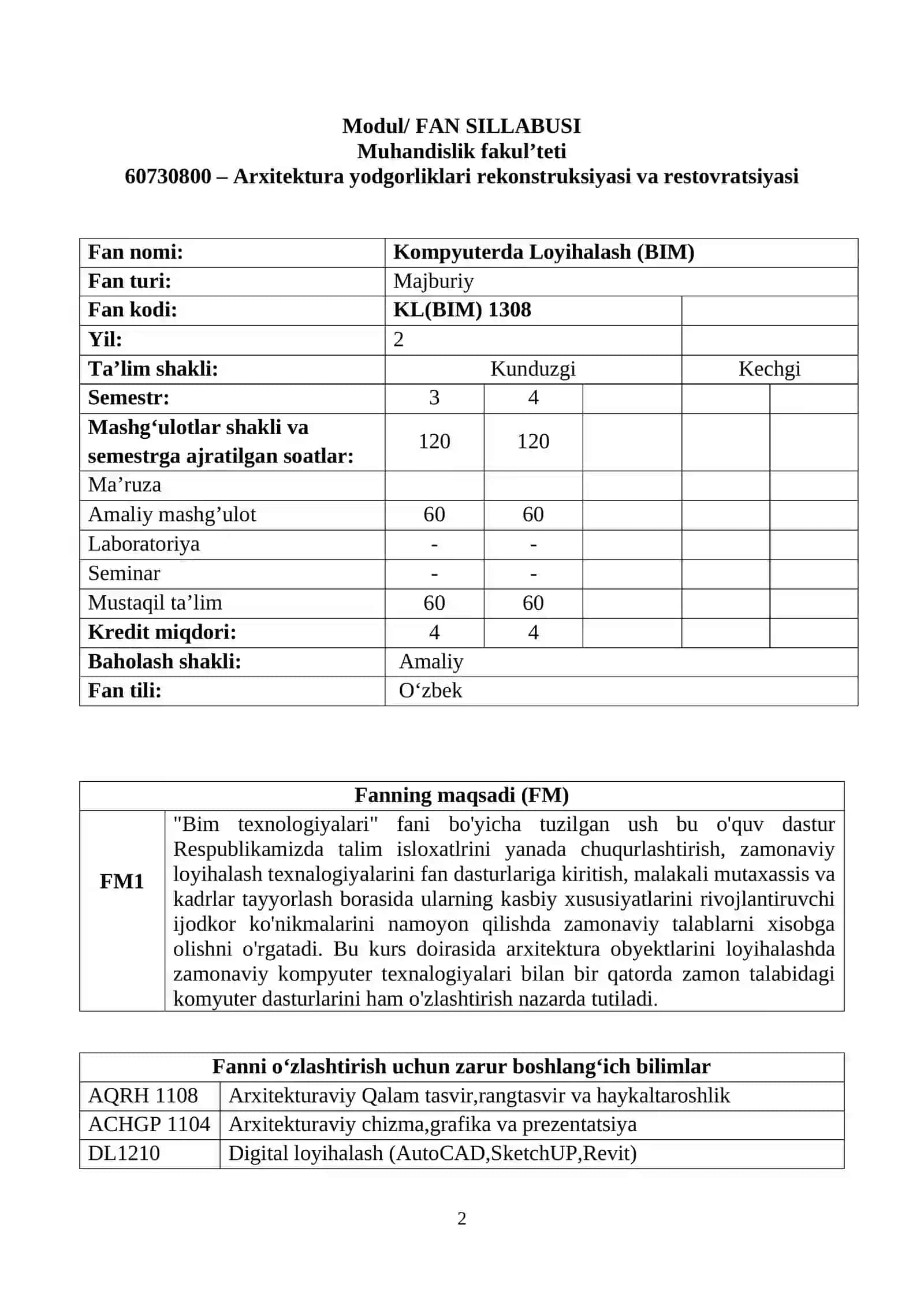 KOMPYUTERDA LOYIHALASH (BIM) fani bo’yicha SILLABUS 2