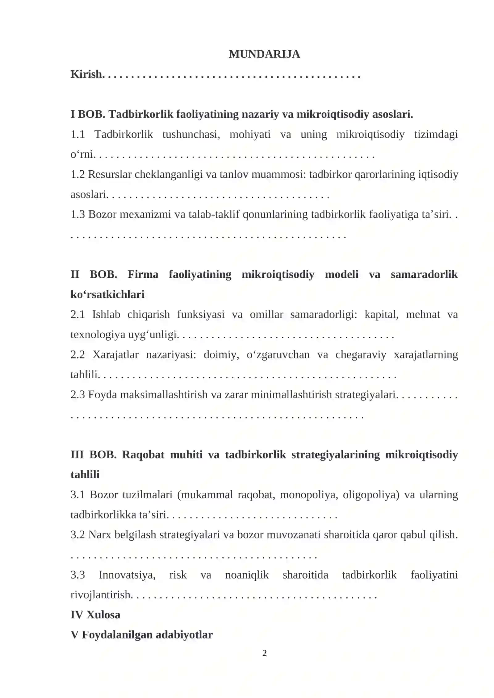 Tadbirkorlik faoliyatining mikroiqtisodiy asoslari 2